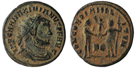 Maximianus. (285-295 AD). Æ Antoninian. Antioch. Obv: IMP CMA MAXIMIANVS PF AVG. radiate cuirassed bust right. Rev: CONCORDIA MILITVM. Jupiter present...