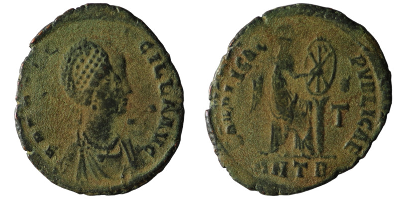 Aelia Flaccilla. ( 383-388 AD). Follis. Antioch. Obv: AEL FLACCILLA AVG. Pearl-d...