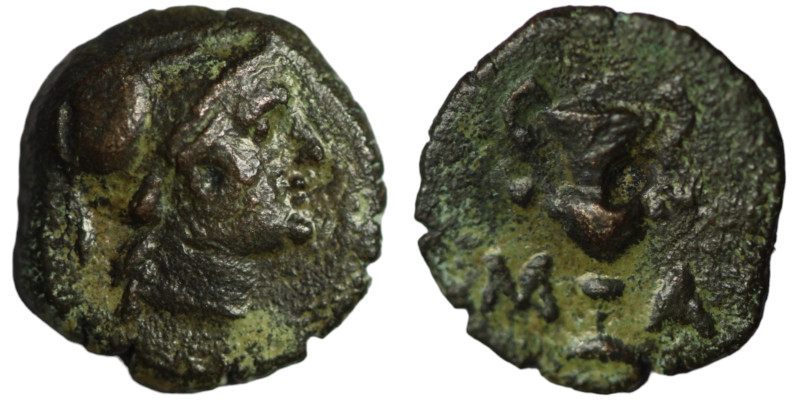 Methymna, Lesbos. (200-1 BC) Civic issue. Obv. Helmeted head of Athena right. Re...