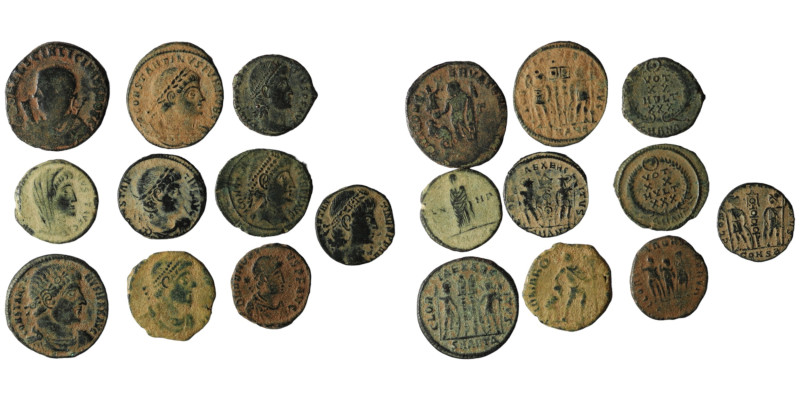 Lot of 10 ancient bronze coins. artificial sandpatina. sold as seen, no return.