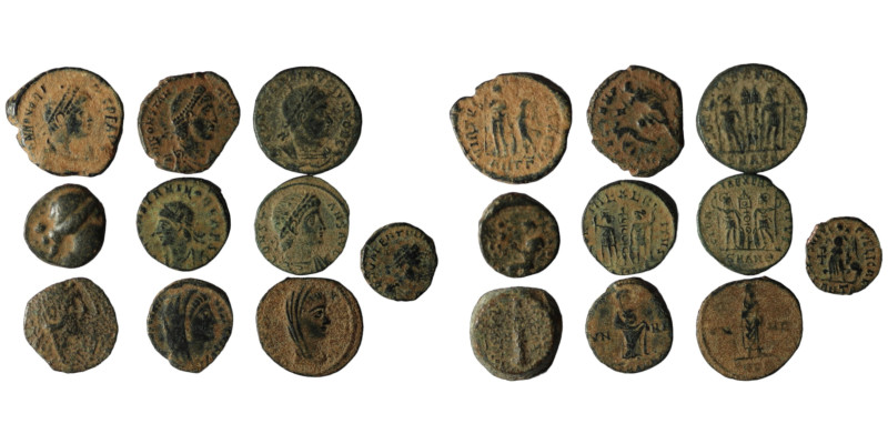 Lot of 10 ancient bronze coins. artificial sandpatina. sold as seen, no return.