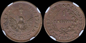 GREECE: 1 Lepton (1828) (type A.1) in copper. Phoenix with converging rays on obverse. Variety "103-B.b" by Peter Chase. Coin alignment. Inside slab b...