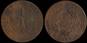 GREECE: 10 Lepta (1828) (type A.1) in copper. Phoenix with converging rays on obverse. Variety "170-F.g" by Peter Chase. Coin alignment. Environmental...