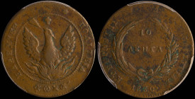 GREECE: 10 Lepta (1830) (type B.2) in copper. Phoenix (big) within pearl circle on obverse. Variety "275-K.i1" (Rare) by Peter Chase. Inside slab by P...
