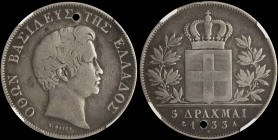 GREECE: 5 Drachmas (1833 A) (type I) in silver (0,900). Head of King Otto facing right and inscription "ΟΘΩΝ ΒΑΣΙΛΕΥΣ ΤΗΣ ΕΛΛΑΔΟΣ" on obverse. Inside ...