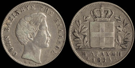 GREECE: 1/2 Drachma (1834 A) (type I) in silver (0,900). Head of King Otto facing right and inscription "ΟΘΩΝ ΒΑΣΙΛΕΥΣ ΤΗΣ ΕΛΛΑΔΟΣ" on obverse. Cleane...