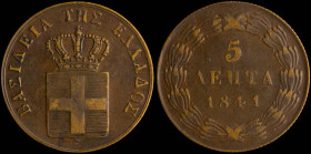 GREECE: 5 Lepta (1841) (type I) in copper. Royal coat of arms and inscription "ΒΑΣΙΛΕΙΑ ΤΗΣ ΕΛΛΑΔΟΣ" on obverse. (Hellas 62). About Very Fine....