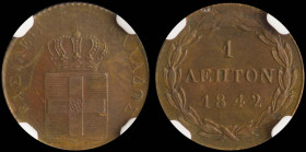 GREECE: 1 Lepton (1842) (type I) in copper. Royal coat of arms and inscription "ΒΑΣΙΛΕΙΑ ΤΗΣ ΕΛΛΑΔΟΣ" on obverse. Inside slab by NGC "MS 62 BN". Cert ...