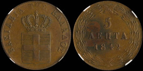 GREECE: 5 Lepta (1842) (type I) in copper. Royal coat of arms and inscription "ΒΑΣΙΛΕΙΑ ΤΗΣ ΕΛΛΑΔΟΣ" on obverse. Inside slab by NGC "UNC DETAILS / ENV...