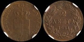 GREECE: 2 Lepta (1851) (type IV) in copper. Royal coat of arms and inscription "ΒΑΣΙΛΕΙΟΝ ΤΗΣ ΕΛΛΑΔΟΣ" on obverse. Inside slab by NGC "MS 62 BN". Cert...