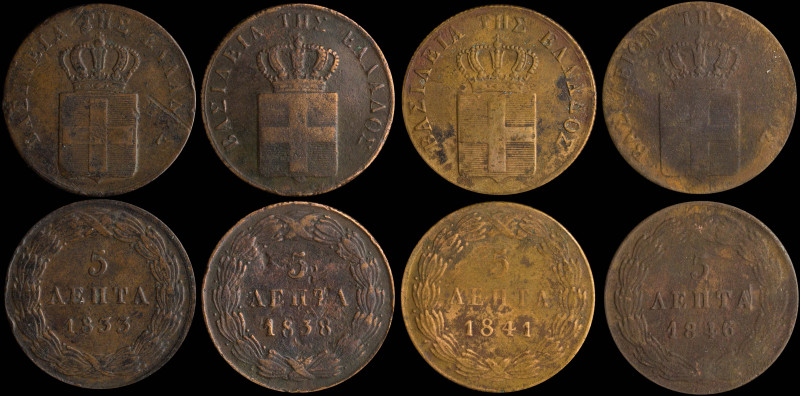 GREECE: Lot of 4 coins in copper, composed of 5 Lepta (1833), 5 Lepta (1838), 5 ...