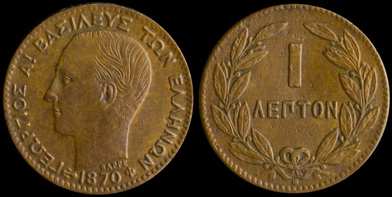 GREECE: 1 Lepton (1870 BB) (type I) in copper. Head of King George I facing left...