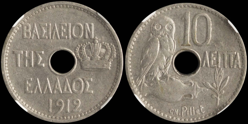 GREECE: 10 Lepta (1912) (type IV) in nickel. Royal crown and inscription "ΒΑΣΙΛΕ...