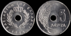 GREECE: 5 Lepta (1954) in aluminum. Royal crown and inscription "ΒΑΣΙΛΕΙΟΝ ΤΗΣ ΕΛΛΑΔΟΣ" on obverse. Inside slab by PCGS "MS 66". Cert number: 46128154...