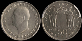 GREECE: 50 Lepta (1954) in copper-nickel. Head of King Paul facing left and inscription "ΠΑΥΛΟΣ ΒΑΣΙΛΕΥΣ ΤΩΝ ΕΛΛΗΝΩΝ" on obverse. Inside slab by PCGS ...