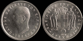 GREECE: 2 Drachmas (1954) in copper-nickel. Head of King Paul facing left and inscription "ΠΑΥΛΟΣ ΒΑΣΙΛΕΥΣ ΤΩΝ ΕΛΛΗΝΩΝ" on obverse. Inside slab by PCG...