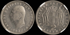 GREECE: 2 Drachmas (1957) in copper-nickel. Head of King Paul facing left and inscription "ΠΑΥΛΟΣ ΒΑΣΙΛΕΥΣ ΤΩΝ ΕΛΛΗΝΩΝ" on obverse. Inside slab by NGC...