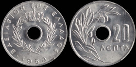 GREECE: 20 Lepta (1959) in aluminum. Royal crown and inscription "ΒΑΣΙΛΕΙΟΝ ΤΗΣ ΕΛΛΑΔΟΣ" on obverse. Inside slab by PCGS "MS 66". Cert number: 4832375...