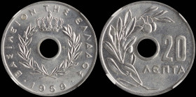 GREECE: 20 Lepta (1959) in aluminum. Royal crown and inscription "ΒΑΣΙΛΕΙΟΝ ΤΗΣ ΕΛΛΑΔΟΣ" on obverse. Inside slab by NGC "MS 62". Cert number: 5774694-...