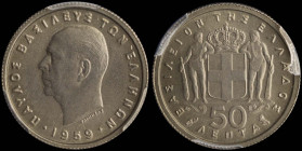 GREECE: 50 Lepta (1959) in copper-nickel. Head of King Paul facing left and inscription "ΠΑΥΛΟΣ ΒΑΣΙΛΕΥΣ ΤΩΝ ΕΛΛΗΝΩΝ" on obverse. Inside slab by PCGS ...