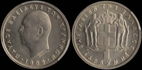 GREECE: 1 Drachma (1959) in copper-nickel. Head of King Paul facing left and inscription "ΠΑΥΛΟΣ ΒΑΣΙΛΕΥΣ ΤΩΝ ΕΛΛΗΝΩΝ" on obverse. Inside slab by PCGS...