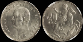 GREECE: 20 Drachmas (1960) in silver (0,835). Head of King Paul facing left and inscription "ΠΑΥΛΟΣ ΒΑΣΙΛΕΥΣ ΤΩΝ ΕΛΛΗΝΩΝ" on obverse. Goddess Moon on ...