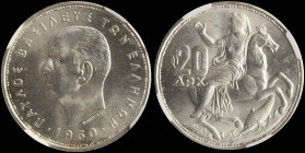 GREECE: 20 Drachmas (1960) in silver (0,835). Head of King Paul facing left and inscription "ΠΑΥΛΟΣ ΒΑΣΙΛΕΥΣ ΤΩΝ ΕΛΛΗΝΩΝ" on obverse. Goddess Moon on ...