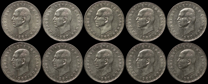 GREECE: Lot of 10x 20 Drachmas (1960) in silver (0,835). Head of King Paul facin...