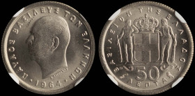 GREECE: 50 Lepta (1964) in copper-nickel. Head of King Paul facing left and inscription "ΠΑΥΛΟΣ ΒΑΣΙΛΕΥΣ ΤΩΝ ΕΛΛΗΝΩΝ" on obverse. Inside slab by NGC "...