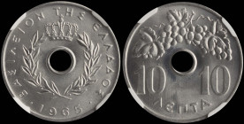 GREECE: 10 Lepta (1965) in aluminum. Royal crown and inscription "ΒΑΣΙΛΕΙΟΝ ΤΗΣ ΕΛΛΑΔΟΣ" on obverse. Inside slab by NGC "MS 67". Cert number: 5779887-...