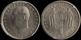 GREECE: 1 Drachma (1965) in copper-nickel. Head of King Paul facing left and inscription "ΠΑΥΛΟΣ ΒΑΣΙΛΕΥΣ ΤΩΝ ΕΛΛΗΝΩΝ" on obverse. Inside slab by PCGS...