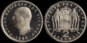 GREECE: 2 Drachmas (1965) in copper-nickel. Head of King Paul facing left and inscription "ΠΑΥΛΟΣ ΒΑΣΙΛΕΥΣ ΤΩΝ ΕΛΛΗΝΩΝ" on obverse. Inside slab by PCG...