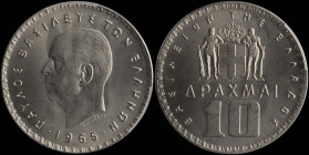 GREECE: 10 Drachmas (1965) in nickel. Head of King Paul facing left and inscription "ΠΑΥΛΟΣ ΒΑΣΙΛΕΥΣ ΤΩΝ ΕΛΛΗΝΩΝ" on obverse. Inside slab by PCGS "MS ...