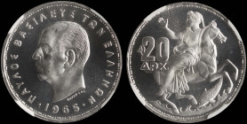 GREECE: 20 Drachmas (1965) in silver (0,835). Head of King Paul facing left and inscription "ΠΑΥΛΟΣ ΒΑΣΙΛΕΥΣ ΤΩΝ ΕΛΛΗΝΩΝ" on obverse. Goddess Moon on ...