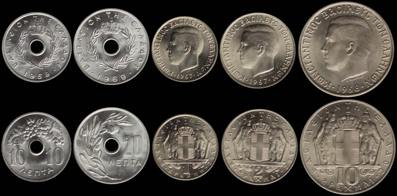 GREECE: Lot of 5 coins composed of 10 Lepta (1969) (type I), 20 Lepta (1969) (ty...