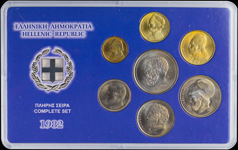 GREECE: Mintstate set (1982) composed of 50 Lepta, 1 Drachma (type I), 2 Drachma...