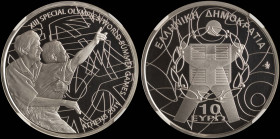 GREECE: 10 Euro (2011) in silver (0,925) commemorating the XIII Special Olympics. Highlight from an event during the games on obverse. Inside slab by ...