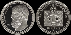 GREECE: 10 Euro (2013) in silver (0,925) commemorating the Greek Culture / Tragedians - Sophocles. Bust of Sophocles facing left on obverse. Inside sl...