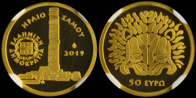 GREECE: 50 Euro (2019) in gold (0,999) commemorating the Cultural legacy / The Heraion of Samos. Ruins of the Temple of Hera on obverse. Inside slab b...