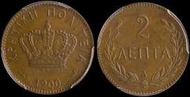 GREECE: 2 Lepta (1900 A) in bronze. Royal crown and inscription "ΚΡΗΤΙΚΗ ΠΟΛΙΤΕΙΑ" on obverse. Inside slab by PCGS "MS 63 BN". Cert number: 47496748. ...