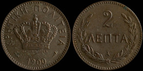 GREECE: 2 Lepta (1900 A) in bronze. Royal crown and inscription "ΚΡΗΤΙΚΗ ΠΟΛΙΤΕΙΑ" on obverse. Cleaned. (Hellas C.3). About Uncirculated....