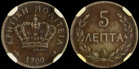 GREECE: 5 Lepta (1900 A) in copper-nickel. Royal crown and inscription "ΚΡΗΤΙΚΗ ΠΟΛΙΤΕΙΑ" on obverse. Inside slab by CCG "XF 45 / Blackish deposits". ...