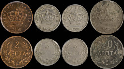 GREECE: Lot of 4 coins composed of 2 Lepta (1900 A), 2x 5 Lepta (1900 A) & 20 Lepta (1900 A). Inside slabs by PCGS "XF 40", "VF Detail / Cleaned", "XF...