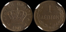 GREECE: 1 Lepton (1901 A) in bronze. Royal crown and inscription "ΚΡΗΤΙΚΗ ΠΟΛΙΤΕΙΑ" on obverse. Inside slab by NGC "MS 63 BN". Cert number: 6463217-00...
