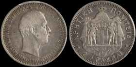 GREECE: 2 Drachmas (1901 A) in silver (0,835). Head of Prince George facing right and inscription "ΠΡΙΓΚΗΨ ΓΕΩΡΓΙΟΣ ΤΗΣ ΕΛΛΑΔΟΣ ΥΠΑΤΟΣ ΑΡΜΟΣΤΗΣ ΕΝ ΚΡΗ...