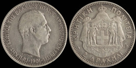 GREECE: 2 Drachmas (1901) in silver (0,835). Head of Prince George facing right and inscription "ΠΡΙΓΚΗΨ ΓΕΩΡΓΙΟΣ ΤΗΣ ΕΛΛΑΔΟΣ ΥΠΑΤΟΣ ΑΡΜΟΣΤΗΣ ΕΝ ΚΡΗΤΗ...