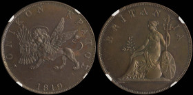 GREECE: 2 Obols (1819) in copper. The lion of St Mark and inscription "ΙΟΝΙΚΟΝ ΚΡΑΤΟΣ" on obverse. Coin alignment. Inside slab by NGC "PF 63 BN". Cert...