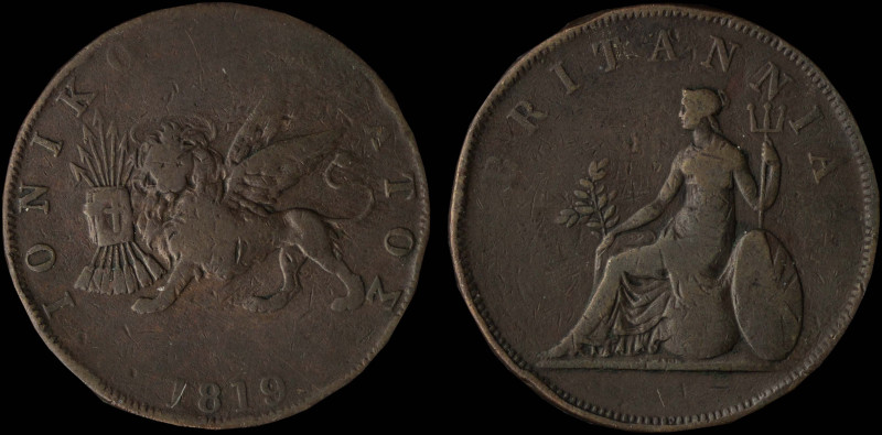 GREECE: 2 Obols (1819) in copper. The lion of St Mark and inscription "ΙΟΝΙΚΟΝ Κ...