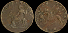GREECE: 1/2 Obol (2 Lepta) (1820.) in copper. The lion of St Mark and inscription "ΙΟΝΙΚΟΝ ΚΡΑΤΟΣ" on obverse. Dot after date. Strike on the right on ...