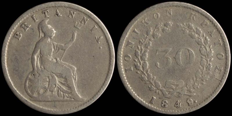GREECE: 30 new Obols (1849.) in silver. Seated Britannia on obverse. Coin alignm...